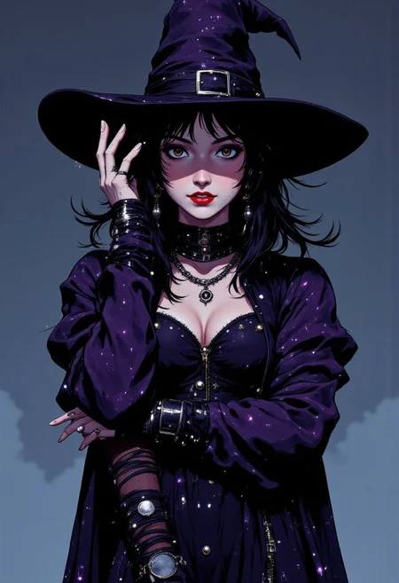 A hauntingly woman stands shrouded in an elaborate witch's costume. Atop her head sits a classic triangular witch hat, tall and imposing with a wide brim that casts mysterious shadows across her face. The hat is midnight black with subtle purple shimmer woven into the fabric, adorned with a tarnished silver buckle and wispy dark feathers along its base.
A fitted bodice of deep violet velvet hugs her torso, laced tightly with black satin ribbons that criss-cross down her front. The sleeves billow dramatically from shoulder to wrist, where they taper to pointed cuffs embellished with intricate silver embroidery depicting arcane symbols. Her floor-length skirt flows in layers of tattered black silk and sheer mesh, revealing glimpses of striped stockings and knee-high boots with pointed toes and silver buckles. Around her shoulders drapes a frayed cape that appears to move with a life of its own, its edges dissolving into wisps of shadow. Her neck is adorned with multiple silver necklaces bearing strange pendants and crystals. Most striking is her face – undeniably beautiful with high cheekbones, porcelain skin, and mesmerizing eyes that seem to shift between emerald and violet. Yet her beauty is twisted by an unsettling smile that stretches too wide across her face, revealing perfect teeth in a grimace of sadistic pleasure. Her cold eyes only calculated malice and a predatory glint that suggests she's enjoying thoughts no sane person would entertain.anime