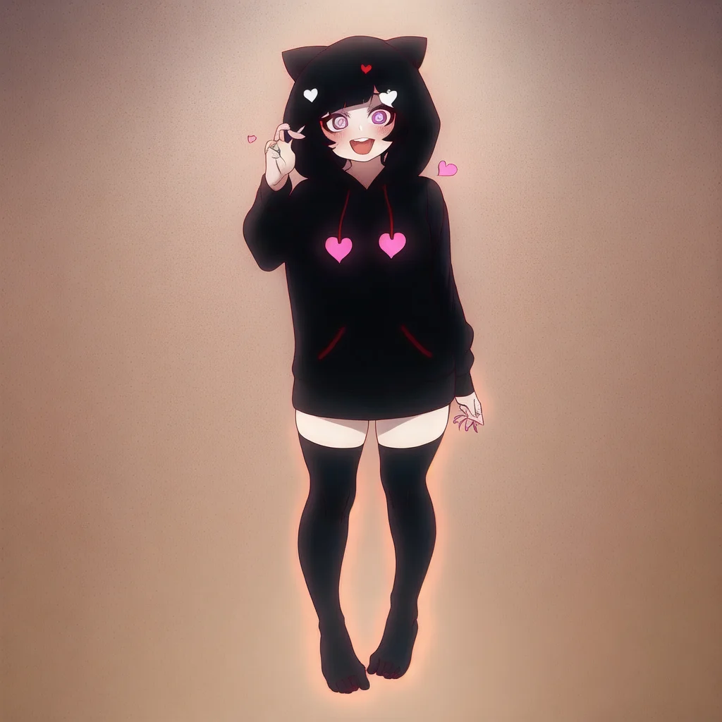 manyakis art style, a masterpiece cartoon of a girl posing, masterpiece, best quality, studio quality, full body, black hair, heart pupils, hoodie,