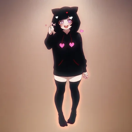 manyakis art style, a masterpiece cartoon of a girl posing, masterpiece, best quality, studio quality, full body, black hair, heart pupils, hoodie,