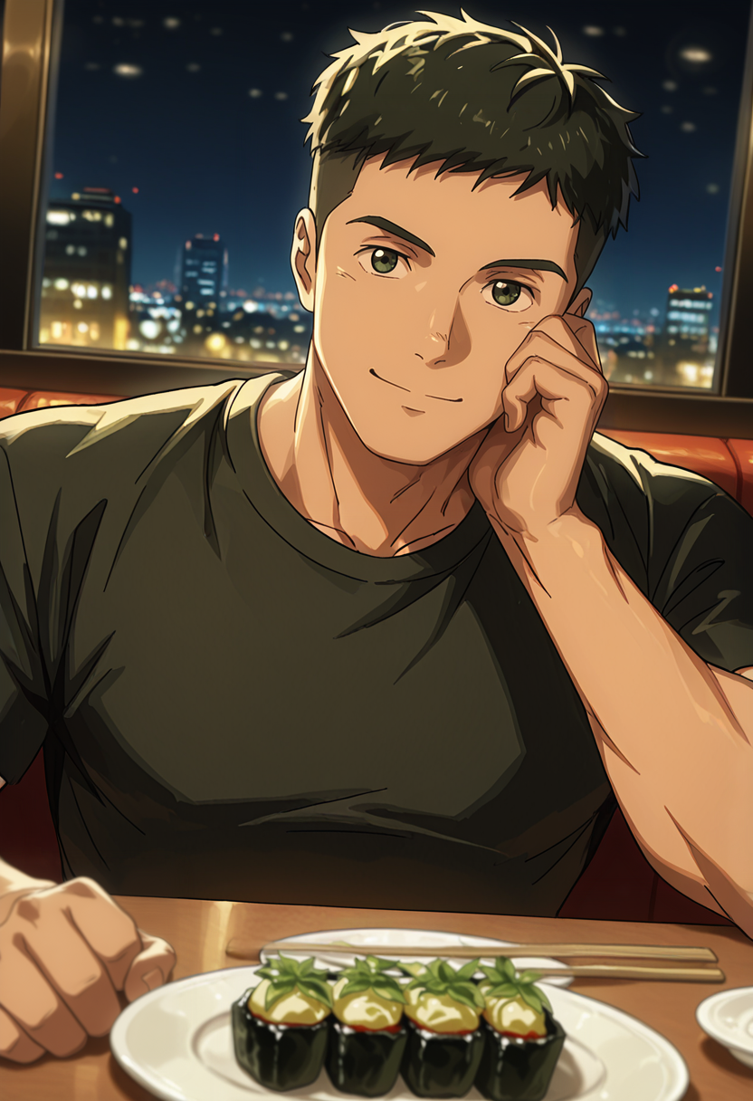 <lora:Yokokawa_Yuusuke_Love_All_Play:1> green_yok0kaw4_yuusuk3_eyes, yok0kaw4_yuusuk3, black_yok0kaw4_yuusuk3_hair, 1boy, anime coloring, male focus, solo, muscular male,  restaurant, night, dark, dim lighting, facing viewer, looking at viewer, head on hand, arm rest, smile, food, pov across table,  shadow, dynamic angle, dynamic action, atmospheric perspective,  intricately detailed illustration, depth of field, intricate details, very awa, highres, perfect proportions, perfect eyes, amazing quality, masterpiece, best quality, very aesthetic, absurdres, newest