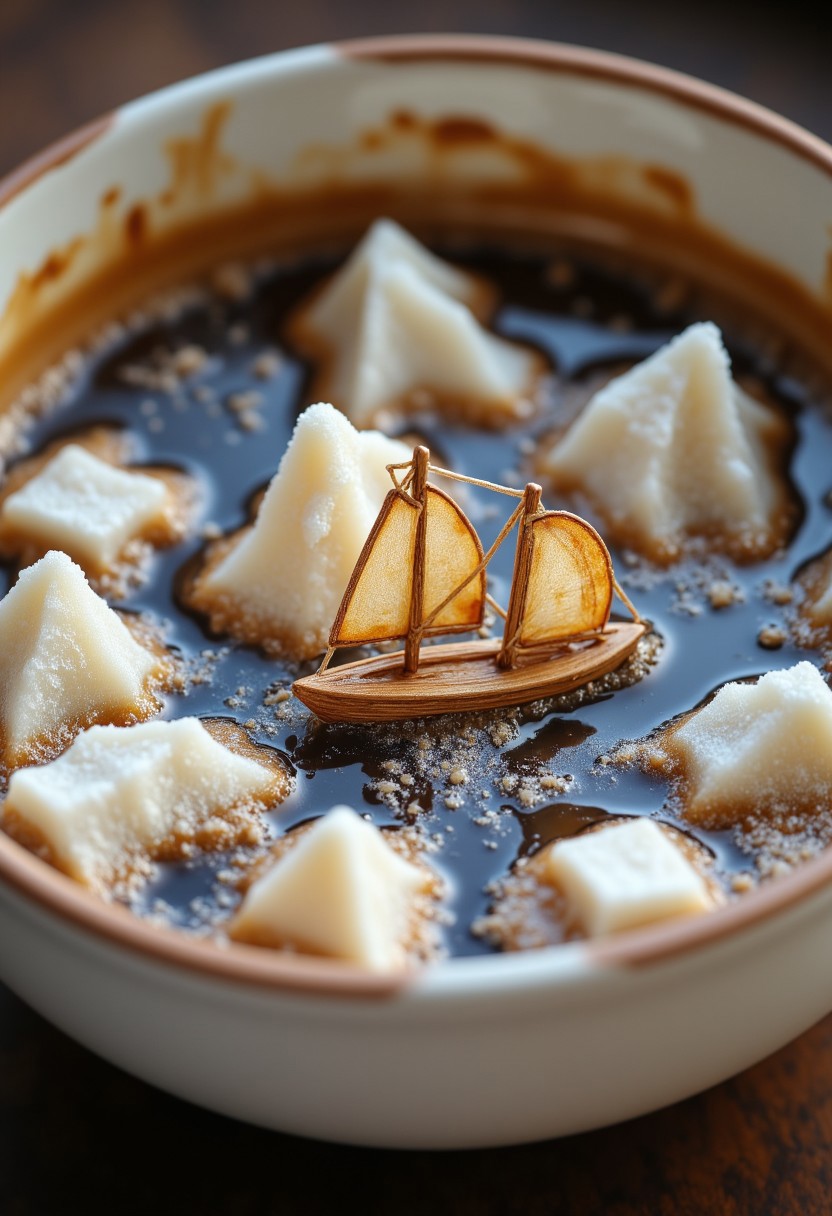 A coffee cup with tiny sailboats floating on the coffee, surrounded by sugar cube icebergs , creative, (masterpiece), unique   ,
,aidmafluxproultra, aidmaHyperrealism, aidmaMJ6.1