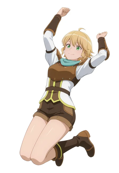 Smooth Quality,masterpiece,very intricate, high quality details, ultra realistic, high detailed skin,
simple background, white background,
dutch angle,0 0,akanbe,jumping, arms open, legs bent, smiling, midair, ,
<lora:Rembrandt_Yunocnn:0.8> rembrandtyuno/cnn, blonde hair, solo, green eyes,1girl,
armor, shorts,boots,