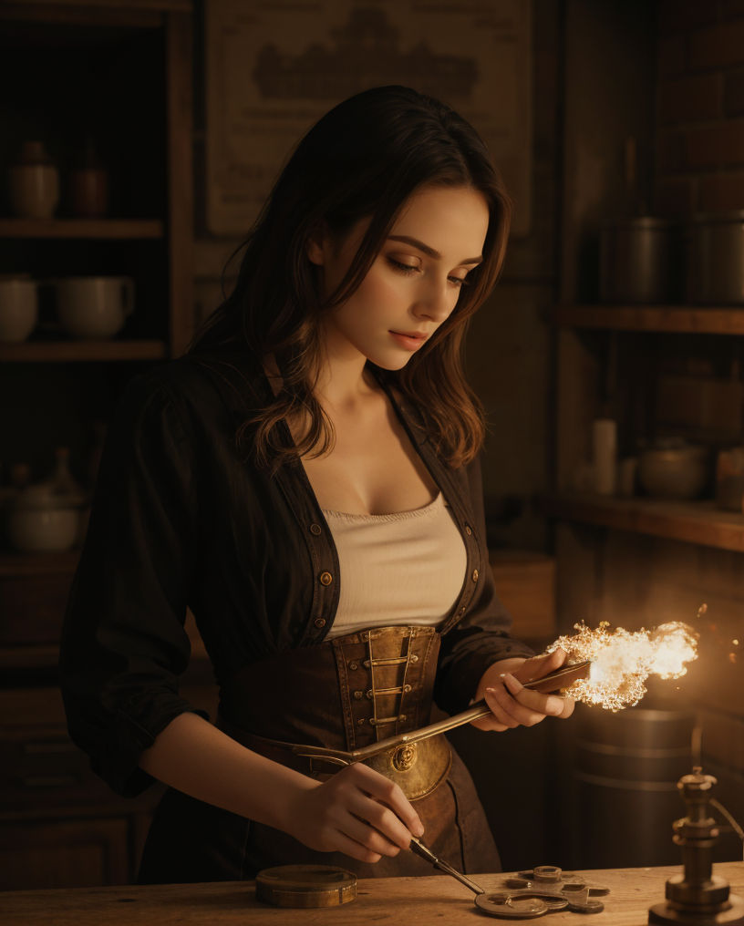 cleavage  epiCPhoto Style-EMCG Steampunk Inventor, cluttered workshop, steam-powered machinery, brass instruments, Victorian steampunk fashion, woman working on complex mechanical device, tools in hand, intricate clockwork, gears, cogs, dim lighting, vintage aesthetic, intricate details, mechanical contraptions, glowing gauges, smoke, oil stains (style of Keith Thompson:1.2)