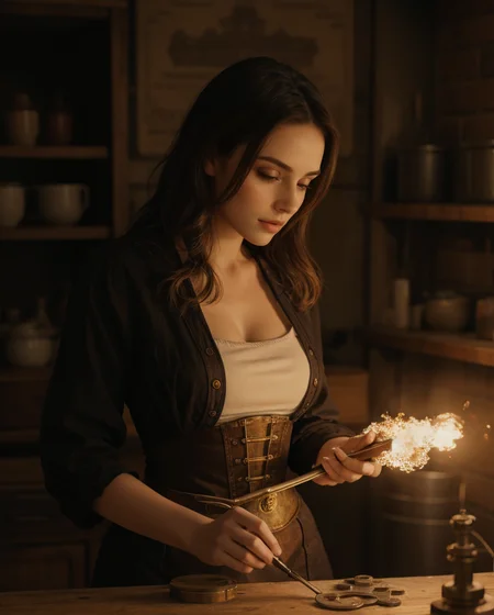 cleavage epiCPhoto Style-EMCG Steampunk Inventor, cluttered workshop, steam-powered machinery, brass instruments, Victorian steampunk fashion, woman working on complex mechanical device, tools in hand, intricate clockwork, gears, cogs, dim lighting, vintage aesthetic, intricate details, mechanical contraptions, glowing gauges, smoke, oil stains (style of Keith Thompson:1.2)
