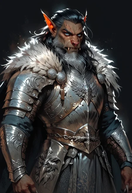 score_9, score_8_up, score_7_up, (anthropomorphic bat), Pipistrellus, (bat), (male bat), (vampire), (werebat), simple background, dark background, blue eyes, menacing look, silver outfit, dark skin, solo, hairy, long beard, dark heavy armour, silver medieval armour, silver chainmail, mythril armour, runic ornaments, fur cloak, standing up straight, calm face, black hair, closed mouth, cowboy shot