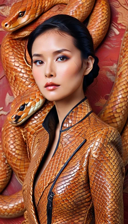 	chinese woman, latex blazer, leather short
'[human snake] hybrid' made of human skin