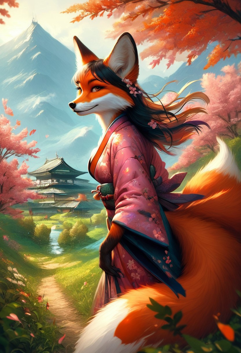 score_9_up,score_8_up,score_7_up,(masterpiece),(best quality),hyper detailed,perfect anatomy,anthro fox girl,foxfolk,dazzling,perfect face,
sexy,seductive,long hair,cleavage,black hair,print_kimono,furisode,orange furr,
wind_lift,dusk,outdoor,in spring,falling petals,cherry blossoms,looking_back,looking_at_viewer,dynamic_angle,photo realistic,