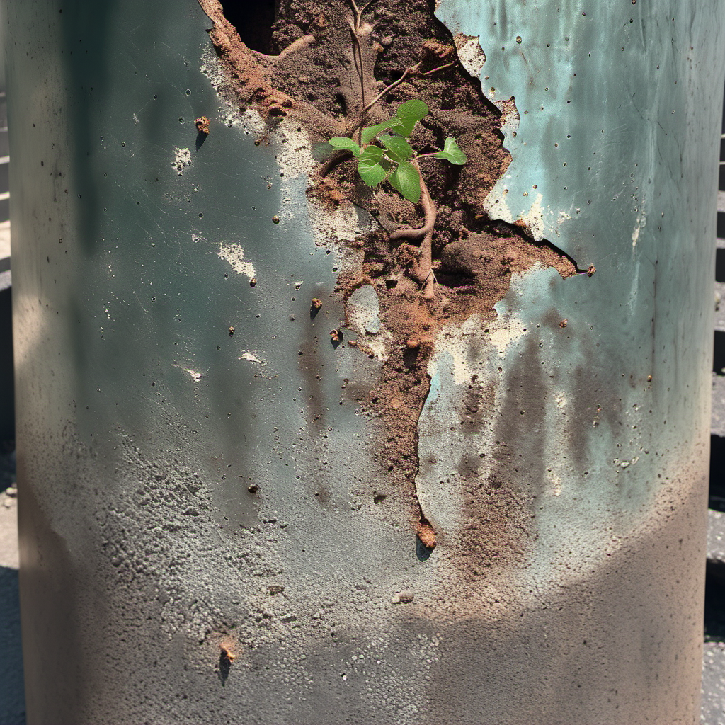 cinematic photo scenery, beautiful (green lush tree with strong roots:1.1),  growing from cracked broken metal scifi intricate engine  device, simple cracked background, pbr texture, grit, stains, rust <lora:Grit-SDXL:1.2> , cracks in asphalt <lora:asphalt-SDXL-m:0.4>, mist . 35mm photograph, film, bokeh, professional, 4k, highly detailed