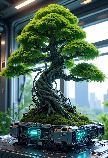 Ultra High Resolution artwork of a cybernetic bonsai tree blending nature and technology, its organic branches intertwined with complex circuitry and metal components. The tree's lush green foliage contrasts with its metallic, robotic trunk, rooted into a futuristic base with glowing cyan lights and exposed wires. Set in a high-tech laboratory with sleek metallic walls and large windows showcasing a blurred cityscape in the background, the bonsai embodies the harmony of life and machine. The scene features intricate details, with soft natural light streaming in, highlighting the organic textures of the leaves against the sleek, cold metal. The colors are a blend of natural greens, metallic grays, and neon blues, enhancing the nature-cyberpunk aesthetic. bo-naturepunk, naturecyberpunk, greenpunk.<lora:FLUX Naturepunk\bo-naturepunk-000012.safetensors:1.0:1.0>