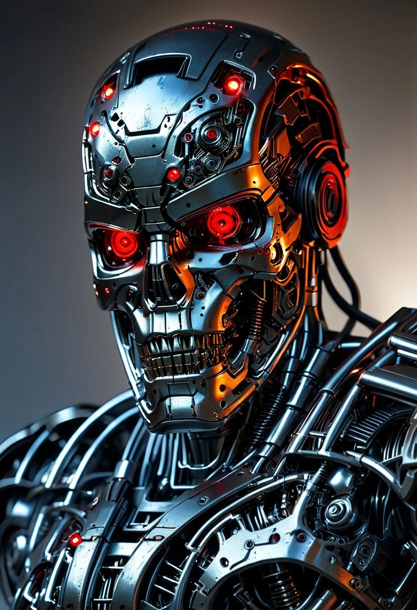 close up on face, great lighting, intricate detail, portrait of endoskeleton of terminator iron cybernetic machine soldier, with titanium skull and red glowing mechanical eyes, High Detail, Perfect Composition, realistic photographic image, interesting backlighting
