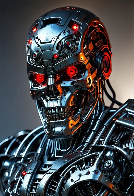 close up on face, great lighting, intricate detail, portrait of endoskeleton of terminator iron cybernetic machine soldier, with titanium skull and red glowing mechanical eyes, High Detail, Perfect Composition, realistic photographic image, interesting backlighting
