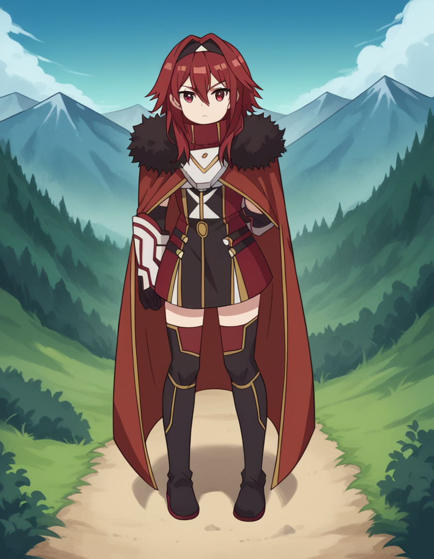 score_9, score_8_up, score_7_up, source_anime, <lora:bofuri-mii-s2-ponyxl-lora-nochekaiser:1>, mii, long hair, bangs, red eyes, hair between eyes, sidelocks, red hair, hairband, black hairband,, gloves, black gloves, cape, armor, fur trim, red cape,, mountain trail, hiking, nature, backpack, adventure, fresh air, , looking at viewer, knee forward, arm behind back, foot on tiptoe, solo,, cowboy shot, dutch angle