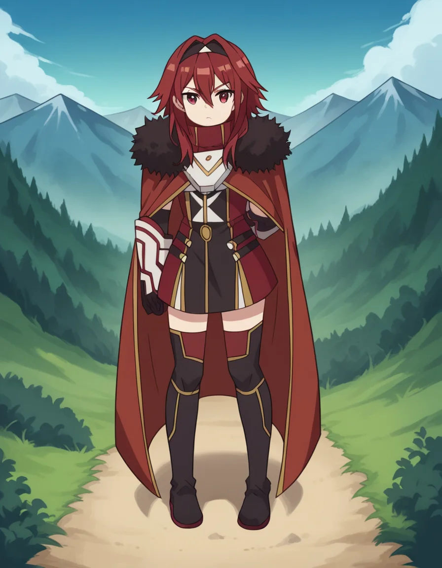 score_9, score_8_up, score_7_up, source_anime, <lora:bofuri-mii-s2-ponyxl-lora-nochekaiser:1>, mii, long hair, bangs, red eyes, hair between eyes, sidelocks, red hair, hairband, black hairband,, gloves, black gloves, cape, armor, fur trim, red cape,, mountain trail, hiking, nature, backpack, adventure, fresh air, , looking at viewer, knee forward, arm behind back, foot on tiptoe, solo,, cowboy shot, dutch angle