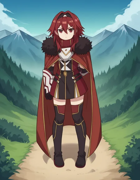 score_9, score_8_up, score_7_up, source_anime, <lora:bofuri-mii-s2-ponyxl-lora-nochekaiser:1>, mii, long hair, bangs, red eyes, hair between eyes, sidelocks, red hair, hairband, black hairband,, gloves, black gloves, cape, armor, fur trim, red cape,, mountain trail, hiking, nature, backpack, adventure, fresh air, , looking at viewer, knee forward, arm behind back, foot on tiptoe, solo,, cowboy shot, dutch angle