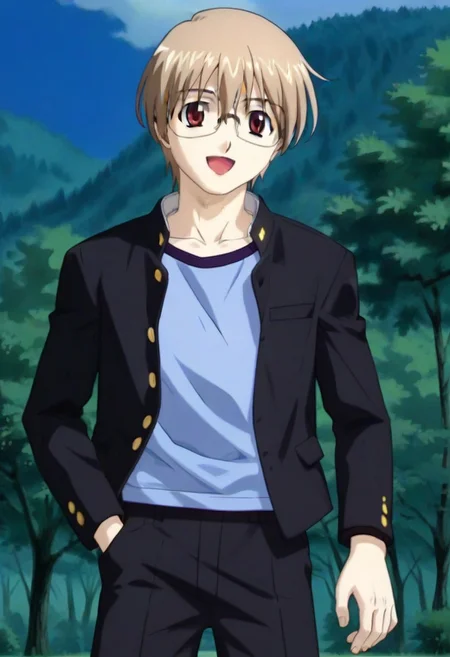 ((masterpiece)), ((best quality)), ((ultra-detailed)), ((absurdres)), score_9_up, score_8_up, score_7_up,
HD, top quality, best quality, amazing quality, High-quality illustrations, anime screencap, source_anime, best aesthetic, perfect proportions, perfect eyes, 1boy, 1male, solo boy, solo male, male focus, solo male focus, Anime, boy, male anime character, anime boy, handsome, attractive, cute, charming, sexy, hot, ((short, short body, short height)), ((slim body, slender body, thin body)), Kei Kusanagi, light brown hair, red eyes, glasses, black plain blazer, blue undershirt, untucked shirt, black pants, updn, easynegative, neghands, Expressiveh, ((happy, bright expression, positive emotion)), ((sunny day, outside, trees, street))