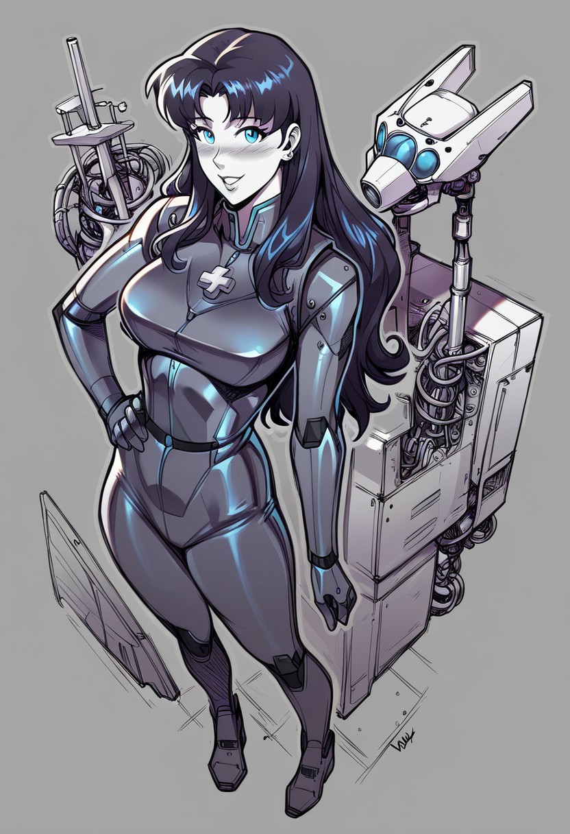 score_9, score_8_up, score_7_up, high quality face, black and white with bright blue eyes, qu4ntum robots, grayscale image, greyscale image, 1girl,  ((clothed, science outfit)),   flushed red cheeks,  robots, machines, technology, geometric shapes in the background,  misato katsuragi,  long hair,   love,   milfs, full body view, overview,  love, happy,  Misato,    aesthetic,   bright blue eyes, dynamic view,