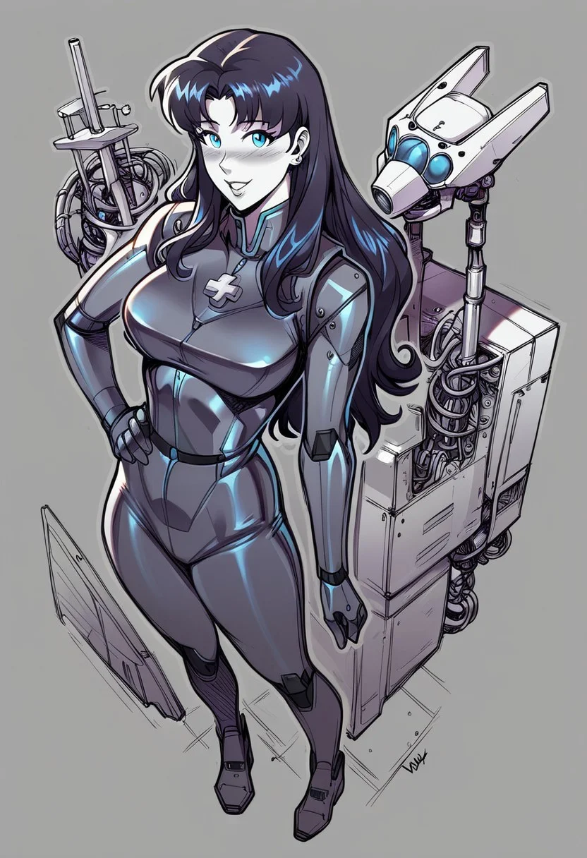 score_9, score_8_up, score_7_up, high quality face, black and white with bright blue eyes, qu4ntum robots, grayscale image, greyscale image, 1girl,  ((clothed, science outfit)),   flushed red cheeks,  robots, machines, technology, geometric shapes in the background,  misato katsuragi,  long hair,   love,   milfs, full body view, overview,  love, happy,  Misato,    aesthetic,   bright blue eyes, dynamic view,
