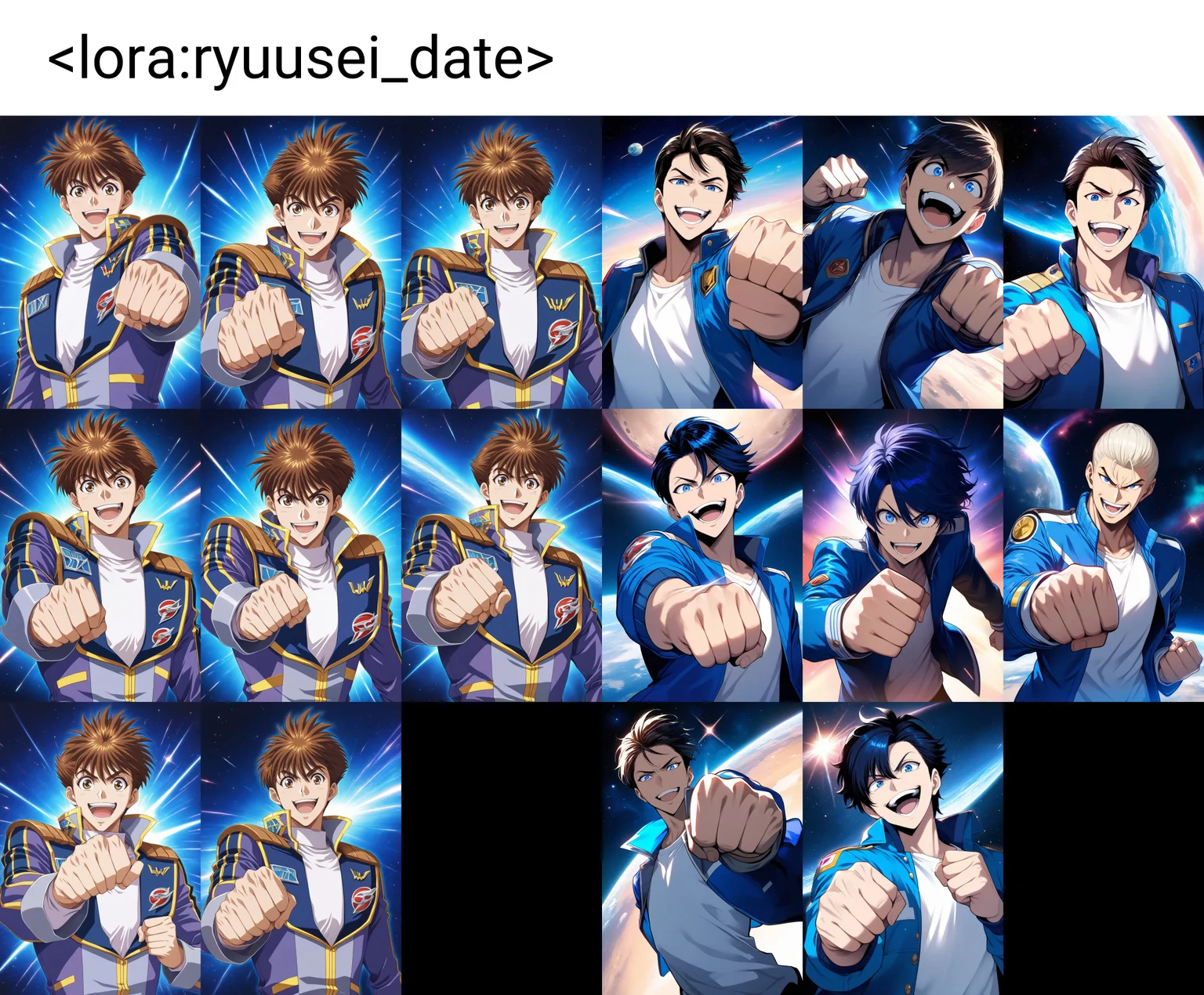 <lora:ryuusei_date>,ryuusei date,great score,1boy,male focus,open mouth,clenched hand,space,smile,blue jacket,solo,jacket,shirt,white shirt,fist bump,looking at viewer,upper body,:d,teeth,official art,masterpiece,high score,great score,absurdres,