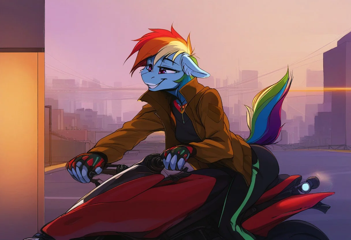 score_9, best quality, masterpiece, source_anime, Rainbow Dash, 1gril, solo, anthro, teasing smile, butt, eyes closet, floppy ears, mare, smiling, free tail, teasing mouth, cyberpunk, neon, mechanical arm, riding a motorcycle, laughing, masterpiece, detailed soft lighting, ear fluff, city background, jacket, pants, torn clothes