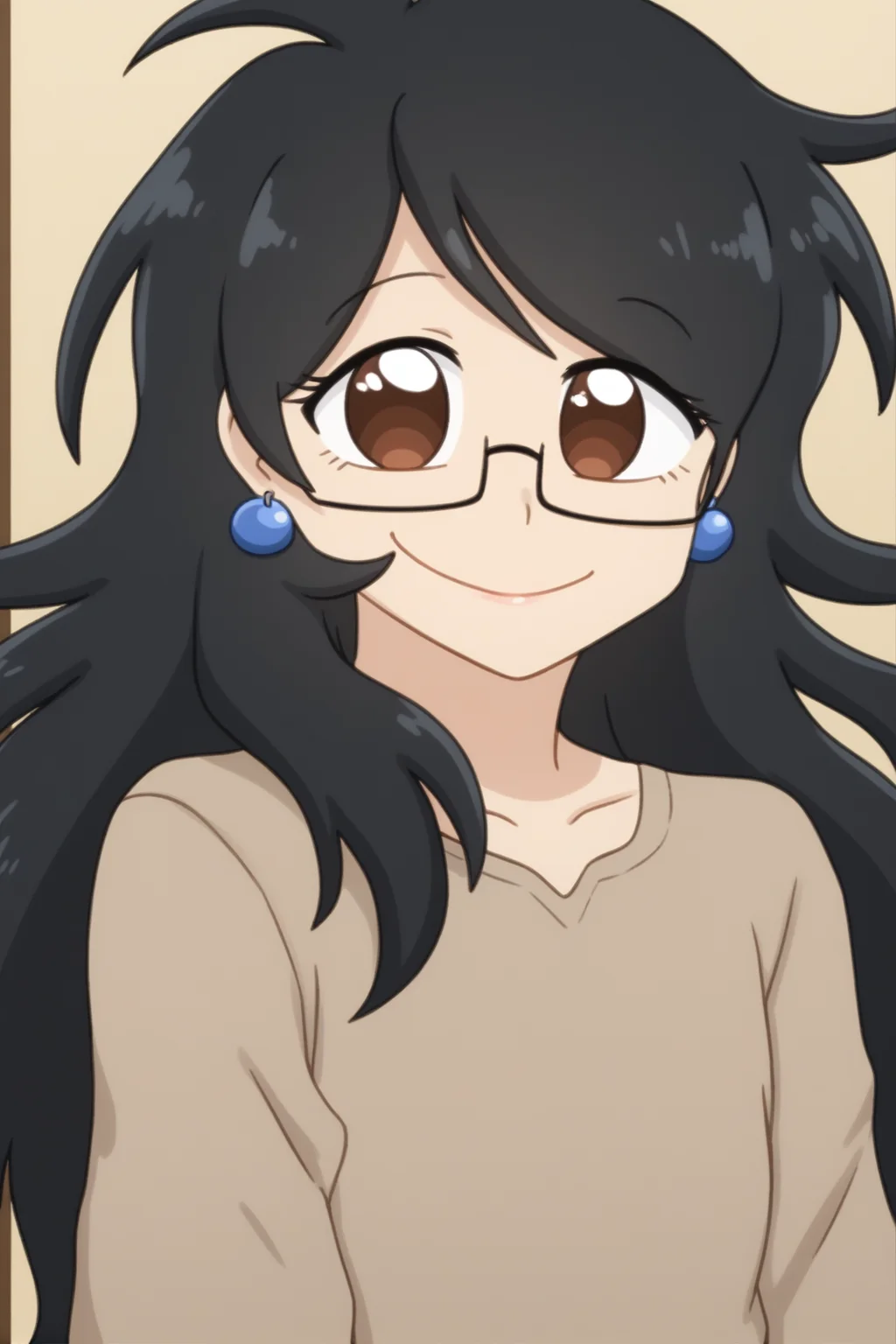 <lora:Yoontoons:1> yoontoons, 1girl, glasses, black hair, brown eyes, long hair, earrings, smile