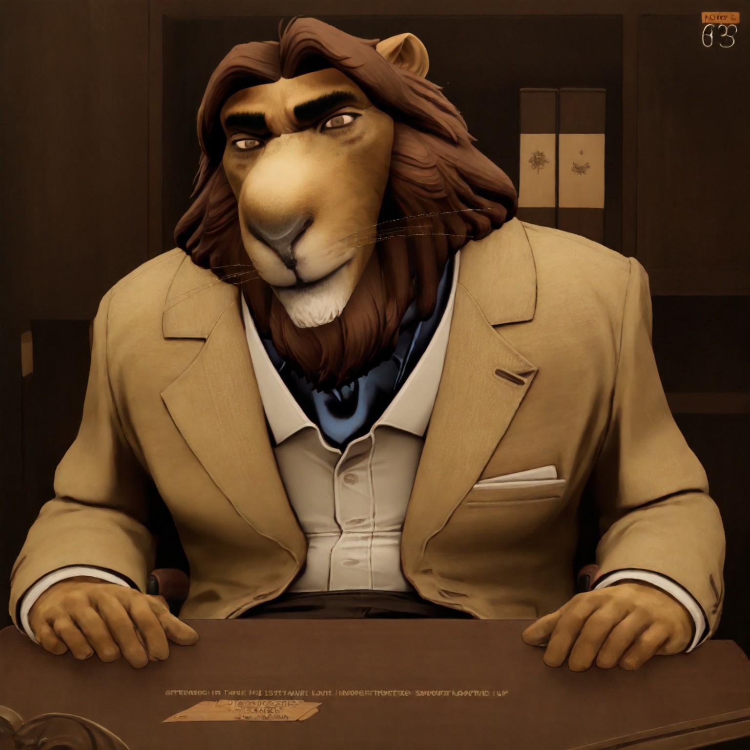score_9, score_8_up, score_8, masterpiece, best quality, amazing quality, very aesthetic, absurdres, newest, high quality, perfect anatomy, best anatomy, correct anatomy, detailed, solo, Thorpe, 1boy, furry male, brown hair, lion, whiskers, jacket, lion nose, lion ears, facial hair, formal, white collared shirt, blue undershirt, pants, black shoes, fur, thick eyebrows, wheelchair, brown eyes, long hair, older male, desk, bookcase. sitting in wheelchair