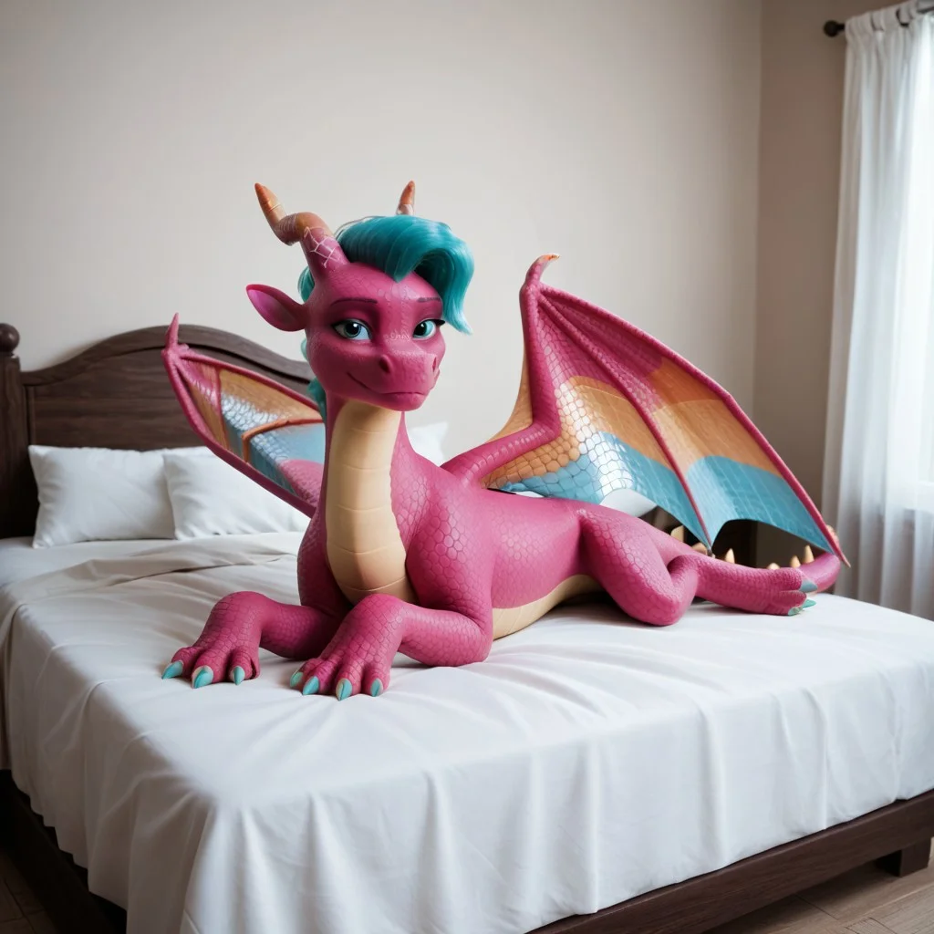 score_9, score_8_up, score_7_up, score_6_up, score_5_up, score_4_up, masterpiece, high quality, realistic, detailed, best quality, white bed, solo, rating_safe, source_furry, bedroom, smiling, seductive, looking at viewer, on bed, lying on belly, blaize_skysong, dragon, pink scales, wings, horns, green hair, tail, female, 1girl, green eyes, feral