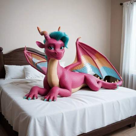 score_9, score_8_up, score_7_up, score_6_up, score_5_up, score_4_up, masterpiece, high quality, realistic, detailed, best quality, white bed, solo, rating_safe, source_furry, bedroom, smiling, seductive, looking at viewer, on bed, lying on belly, blaize_skysong, dragon, pink scales, wings, horns, green hair, tail, female, 1girl, green eyes, feral