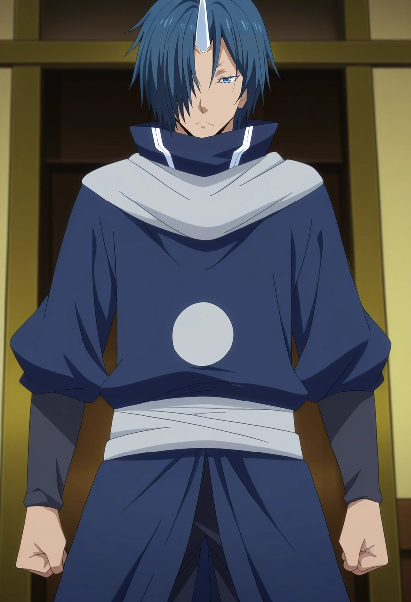 masterpiece, best quality, anime screencap, official style, anime coloring, cowboy shot, 1boy, solo, male focus, <lora:souei_tensura_ilxl:0.94>, souei_tensura, blue hair, blue eyes, hair over one eye, single horn, ,
