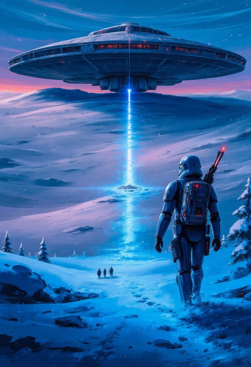 cinna flow, storm trooper marching through the snow on planet hoth. Blue glowing snow, leading towards a giant starship. Very detailed, vibrant colors