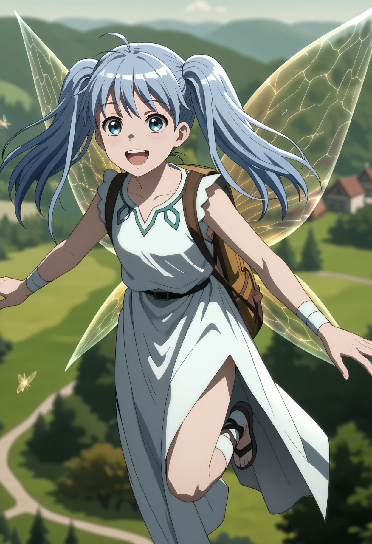 score_7_up, anime screencap,
<lora:BenriyaSaitou-San_LafanpanXL:0.9>,
1girl, solo, open mouth, smile,
blue hair, blue eyes, twintails, ahoge,
LafanpanFairy, fairy wings, sleeveless dress, white dress, backpack,
flying, looking at viewer,
blurry background, sky