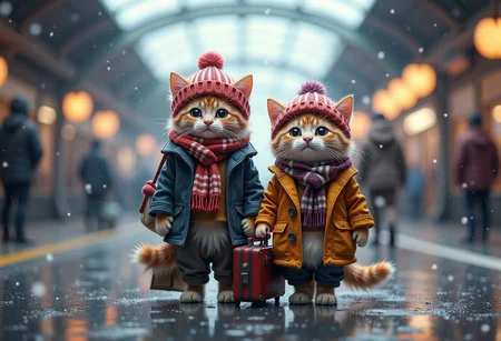 Photorealistic image of two cats standing and walking together at a train station during a snowfall. The cats are dressed in gome style winter clothing, including beanie hats and coats with scarves. One cat is holding a small suitcase while the other walks beside it. The background is blurry, with falling snow creating depth of field. The cats' fur is rendered in photorealistic detail, with realistic textures and shading.