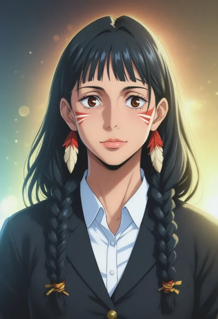 score_9, score_8_up, score_7_up, source_anime, intricate details, anime screencap, perfect balance, official art, extremely detailed CG unity 8k wallpaper, perfect lighting, Colorful, Warm_Front_face_Lighting, (masterpiece:1.0),(best_quality:1.0), ultra high res,4K,ultra-detailed, photography, 8K, HDR, highres, absurdres:1.2, Kodak portra 400, blurry background, bokeh, lens flare, (Anime) (vibrant_color:1.2), professional photograph, night, (cute_face:1.2), 2d, anime, upper body, intricate iris, American, Professional character design, 1girl, female focus, (Brown eyes), perfect eyes, (black-hair), Native American, Indigenous, American Indian, youthful, solo, jujutsu_kaisen_style, character portrait, (perfect-lighting), face, young, (Dark-black-hair), Long hair, (Native American), Indigenous, American Indian, (((wild eyes))), (Native North American), (Upturned eyes), (high cheekbones), (strong jawline), (Black Hair), ((((Native-American-Eagle-feather-braids, Native American Eagle feather accessories)))), (Black Cowboy Jacket), (((wild eyes))) ((Bobbed Bangs)) (((Slanted-Eyes))) (Psycho) (Happy) (Friendly) (Goofy) (Dark Black Jacket) (White Dress Shirt), (Warpaint), (Redwood Forest, Pacific Northwest Forests), (Inuit), (Tan skin), (Dark Skin), (Brown skin), (bobbed hair), White Eagle-Feather-Earrings, Thick Bangs, Bobbed hair, Bob-cut, White-Feather-Earrings, Brown-skin, Inuit Face-paint, Full-Bangs, Wide-Bangs, Thick-Hair, Native Face-paint