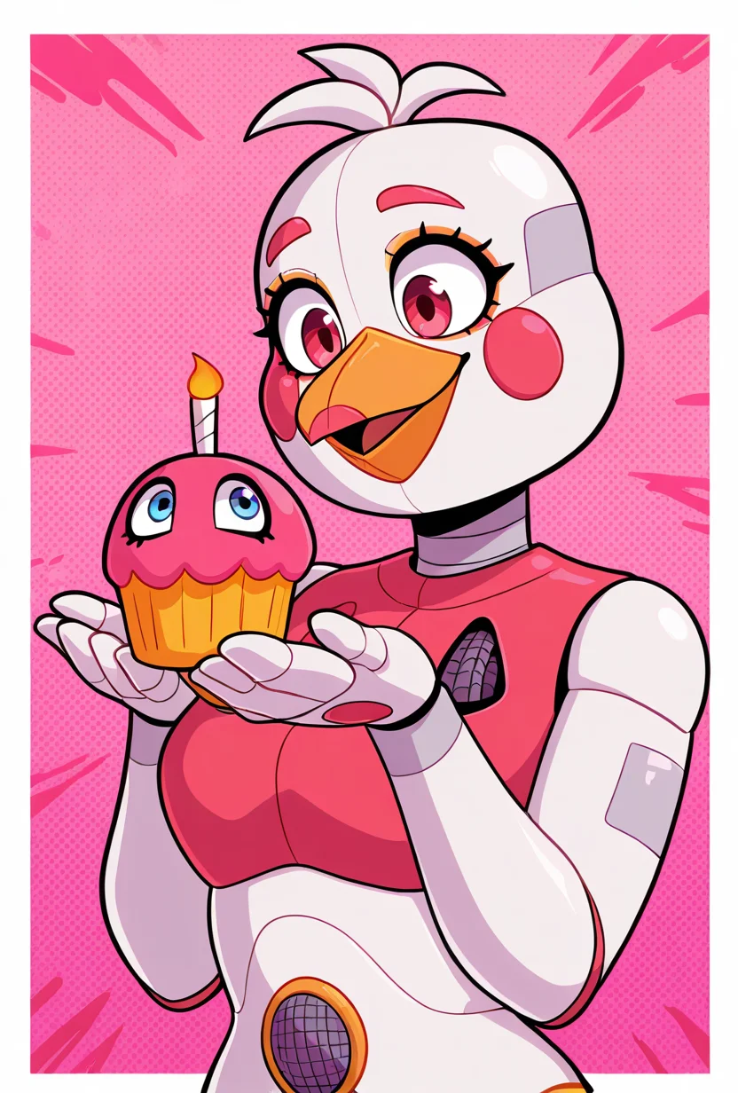<lora:funchica-10:1> funchica, robot, solo, 1girl, bird, joints, beak, makeup, pink cheeks, pink background, holding cupcake,, masterpiece, best quality, amazing quality, very aesthetic, absurdres, newest,, upper body, halftone effect, white borders, abstract background:1.2,