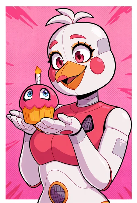 <lora:funchica-10:1> funchica, robot, solo, 1girl, bird, joints, beak, makeup, pink cheeks,  pink background, holding cupcake,, masterpiece, best quality, amazing quality, very aesthetic, absurdres, newest,, upper body, halftone effect, white borders, abstract background:1.2,
