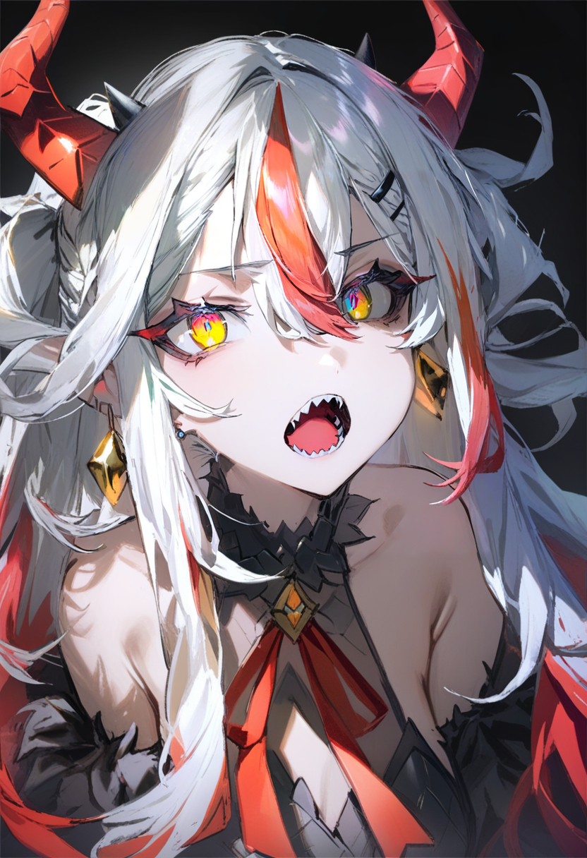 masterpiece, best quality,<lora:QUASARCAKE_XL_ANI31_lokr_V42310:0.95> 1girl, solo, open mouth, horns, sharp teeth, teeth, earrings, jewelry, looking at viewer, long hair, multicolored eyes, multicolored hair, hair between eyes, black background, bare shoulders, hair ornament, portrait, yellow eyes, red ribbon, red hair, fangs, white hair, blonde hair, hairclip, ribbon, streaked hair