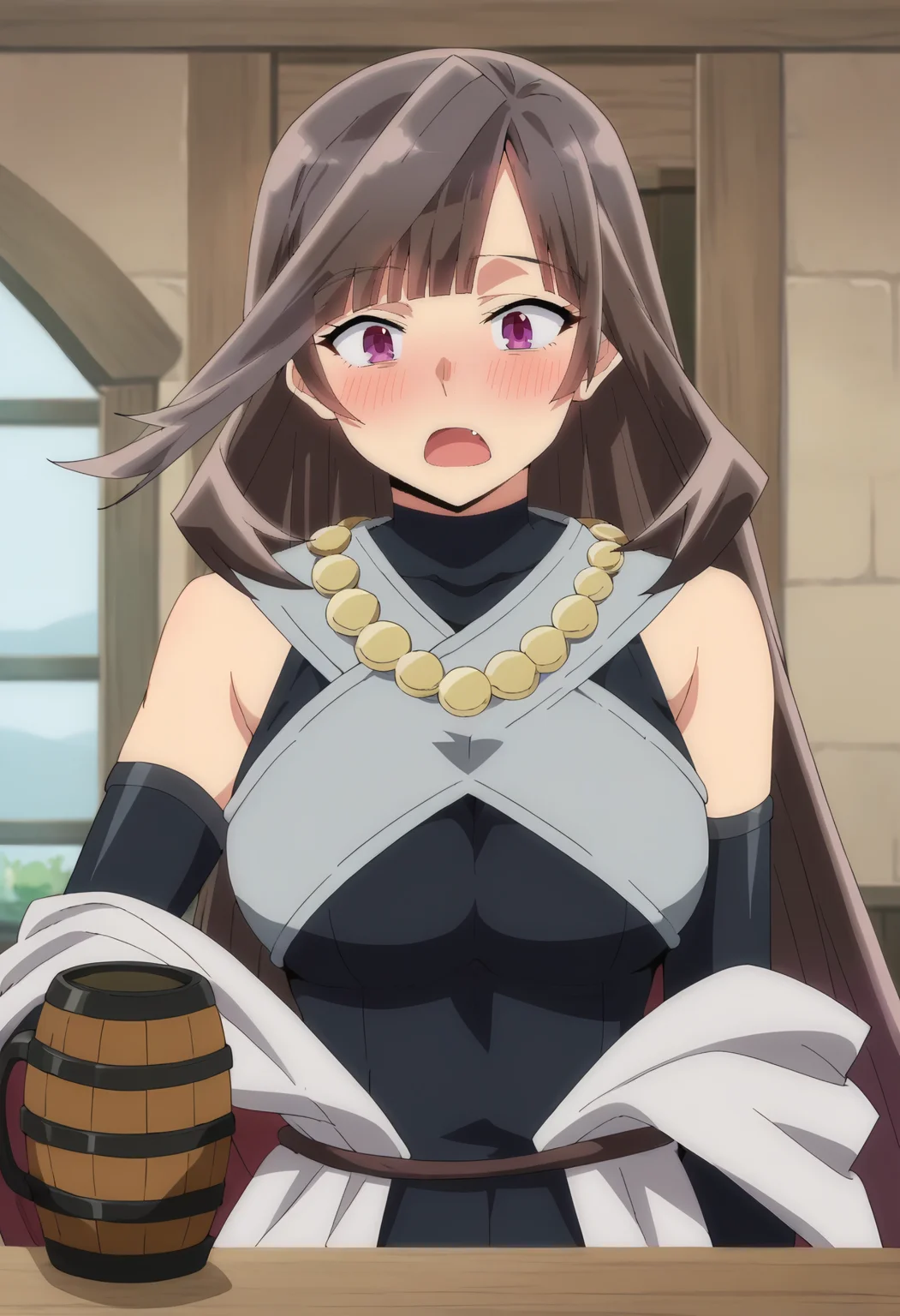 <lora:Mireille Grangeon-000012:0.9>Mireille Grangeon, 1girl, purple eyes, solo, long hair, brown hair, large breasts,blunt bangs, jewelry, necklace, elbow gloves, bare shoulders, sleeveless, detached sleeves, bodysuit, turtleneck, mug, alcohol, open mouth, fang, blush, in a tavern, score_9, score_7_up,anime coloring ,source_anime, anime