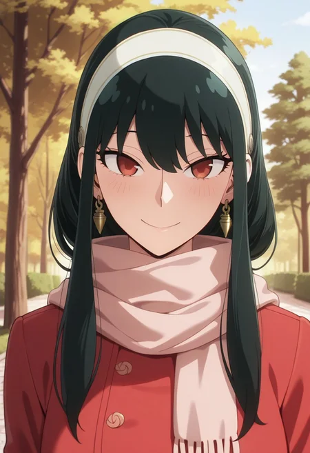 masterpiece,best quality,amazing quality, yor briar, black hair, long hair, red eyes, 1girl, solo, earrings, jewelry, white hairband, scarf, smile, hairband, looking at viewer, tree, outdoors, closed mouth