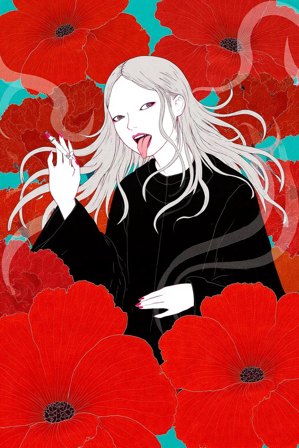 kchiba1 illustration.
A young woman with long, flowing silver hair is making a face with her tongue out. She is holding a cigarette and is surrounded by giant red flowers.
<lora:kchiba1_cap_d6a3:1.0><lora:837663552379589676:0>