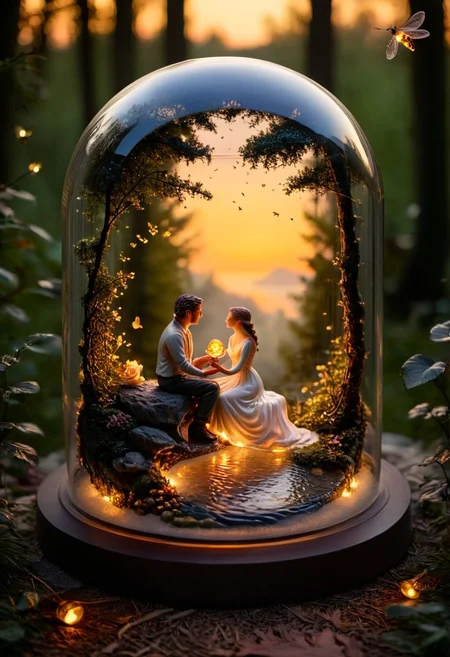 A meticulously crafted glass dome encapsulating a serene miniature, Rose, romantic couple, scenic landscape, golden sunset, lovers, park, enchanted forest, fireflies, soft lighting, warm tones, intimate atmosphere, dreamy, cinematic composition, nature and romance.