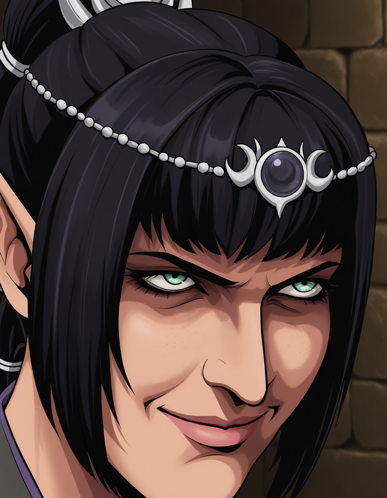 style parody,  anime style, face focus, close-up, funny, meme, staring at her right, ((SOLO, 1girl)), closed mouth, Thispleases, smile,shadowheart \(baldur's gate\), pointy ears, black hair, bangs, long hair, ponytail, tiara, <lora:ThisPleasesV.01-000008:0.95>, BREAK (inside castle, stone walls, torches, dim light)