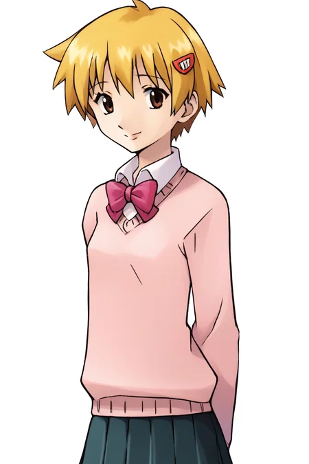score_9, score_8_up, score_7_up, score_6_up, score_5_up, score_4_up, source_anime, rating_safe, masterpiece, <lora:Katsuragi_Yako:1>, yako1, 1girl, blonde hair, brown eyes, short hair, hair ornament, hairclip, bow, bowtie, solo, small breasts, sweater, school uniform, skirt, standing, smile, closed mouth, simple background, white background, arms behind back, from side, <lora:GSC_Pokemon_Style_for_Pony_v2:1>