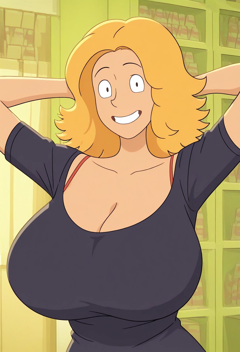 official art accurate,
1girl,blonde hair,looking at viewer
short sleeves, , breasts, indoors, shirt, jewelry, bra strap
cleavage
smile,huge breasts,hands behind head