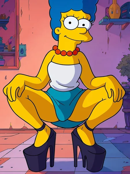<lora:Marge:0.8> m_s, 1girl, yellow skin, long lashes, long nose, blue hair, tall beehive hairstyle, round eyes with black pupils, black eyes, red pearl necklace,
looking at viewer, squatting, front view, spreading legs, platform heels, score_9, score_8_up, score_7_up,