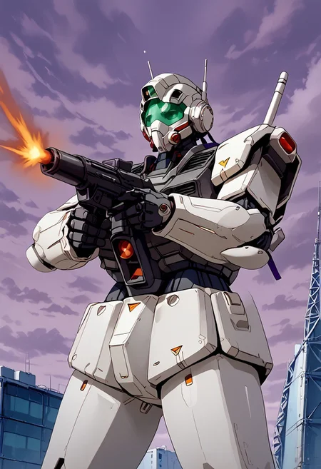 score_9, score_8_up, score_7_up, source_anime, <lora:BioPunky:0.8> cowboy shot, front view, BREAK, ( gm_cold_districts_type, looking up and to the side, rifle, beam saber on back, aiming up and to the side, standing, firing rifle, muzzle flare, ) 1mech, mech focus, solo, BREAK, antarctic base, purple cloudy sky, buildings, pylons,