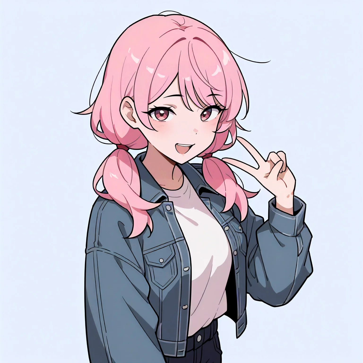 <lora:style_nyanmix_styleXLIllustrious001>,
masterpiece,best quality,good quality,newest,
simple background,nyanmix_style,
looking at viewer,
1girl,
smile,open mouth,
pink hair,twintails,denim_jacket,