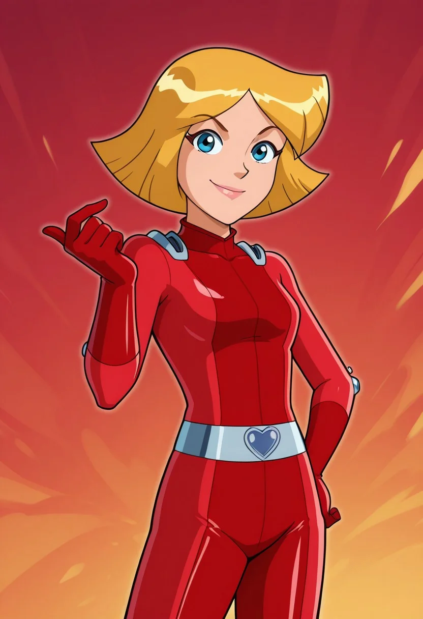 masterpiece, best quality, good quality, 1girl, solo, cartoon, parody, official style, cl0ver_totally_spies, short hair, blonde hair, blue eyes, red bodysuit, sexy, small breasts, beautiful, detailed, high detailed, very beautiful, detailed face, detailed eyes, detailed hand, abstract background, smile, posing, pose, looking at viewer, face focus