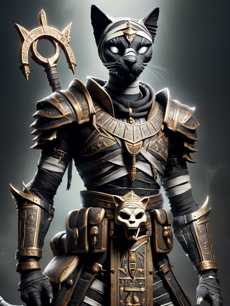 bastet, cat, a male warrior bastet, heavy black and bronze armor, armor plates, shoulder plates, skull belt, holding weapon in his right hand, glowing white eyes <lora:bastet-sdxl:1>