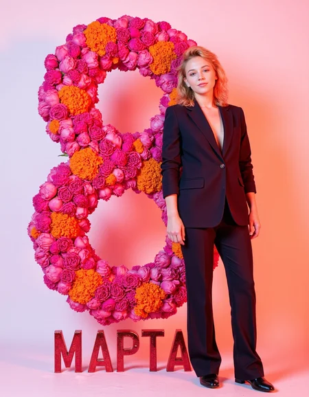 A vibrant, bold portrait of a well dressed woman ,, <lora:curly:1>, , She standing beside an eye-catching floral number "8", bursting with hot pink peonies, rich magenta tulips, and fiery orange marigolds. Below, the inscription MAPTA appears in vivid metallic red uppercase font, seamlessly integrated yet clear. The lighting is dynamic and high-contrast, creating a sense of energy, passion, and festive spirit. The background blends deep fuchsia and coral, making the composition feel alive and celebratory., White background, Style: Vibrant fashion photography, strong color contrasts, cinematic glow..