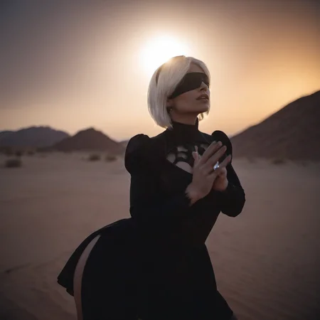 cinematic photo a woman in a black outfit dress, silence sign (((desert background, dust, neon lights))) <lora:2B_Nier_Automata_1024:0.7> . 35mm photograph, film, bokeh, professional, 4k, highly detailed