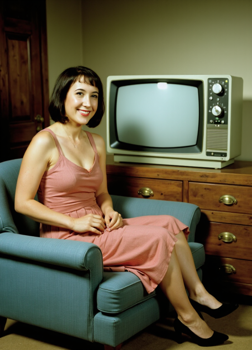 SFW, brightly lit, The image shows a woman sitting on a blue armchair in front of an old-fashioned television. The television is turned on and the screen is turned off. The woman is wearing a pink dress and black high heels. She has e hair styled in a short bob and is smiling at the camera. The background shows a wooden door and a beige wall. The overall mood of the image is vintage and nostalgic., aidmaimageupgrader<lora:flux\custom\celebrity\vanessa-carlton.safetensors:1.05:1.05> <lora:flux\turbo-8-step-flux.safetensors:0.5:0.5> <lora:flux\style\Common\aidmaImageUprader-FLUX-v0.3.safetensors:0.25:0.25>